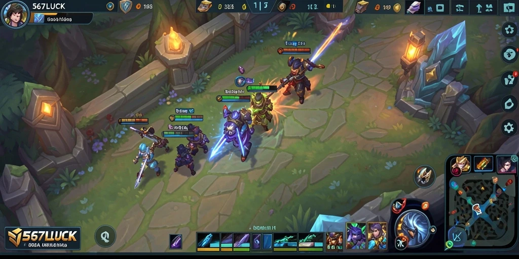 Screenshot gameplay 567LUCK menampilkan pertempuran seru dalam arena MOBA.
