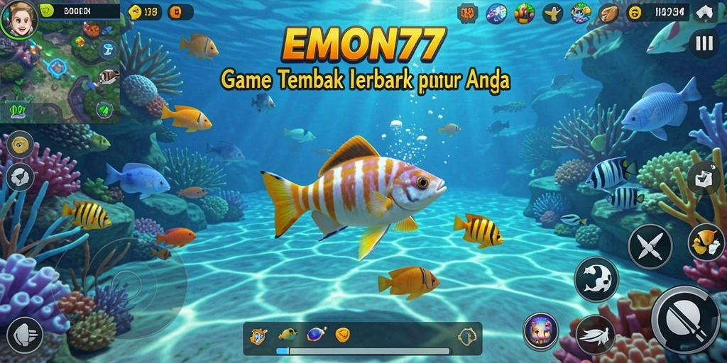 Tampilan utama EMON77 dengan ikan berwarna-warni dan senjata canggih.