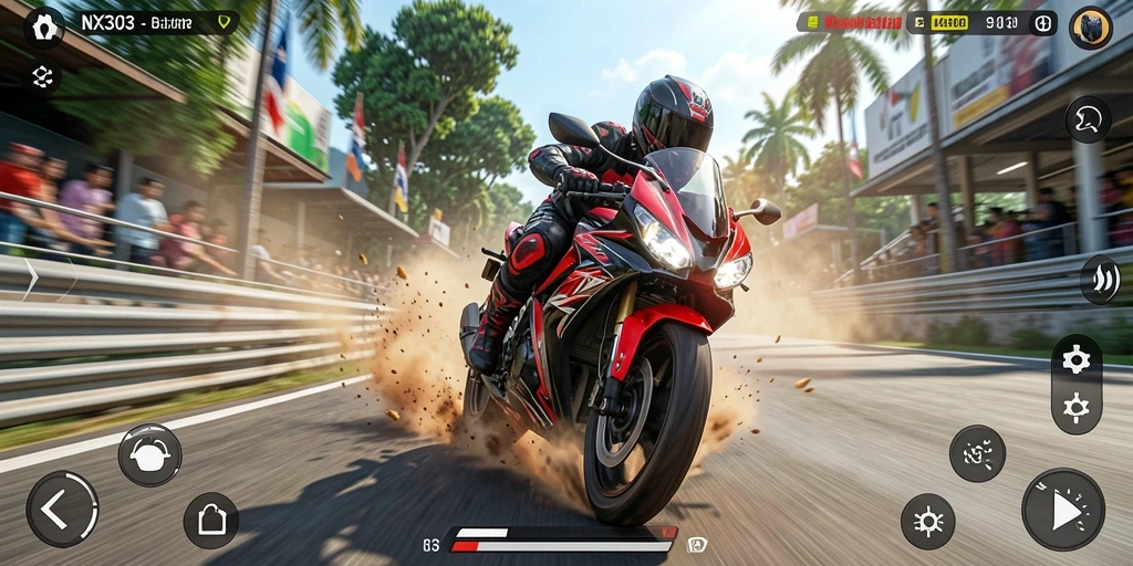 Tampilan gameplay NX303 yang seru dan mendebarkan saat balapan motor di trek.