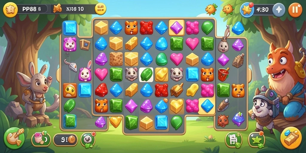 Tangkapan layar gameplay PP88 yang menampilkan aksi mencocokkan batu berwarna.