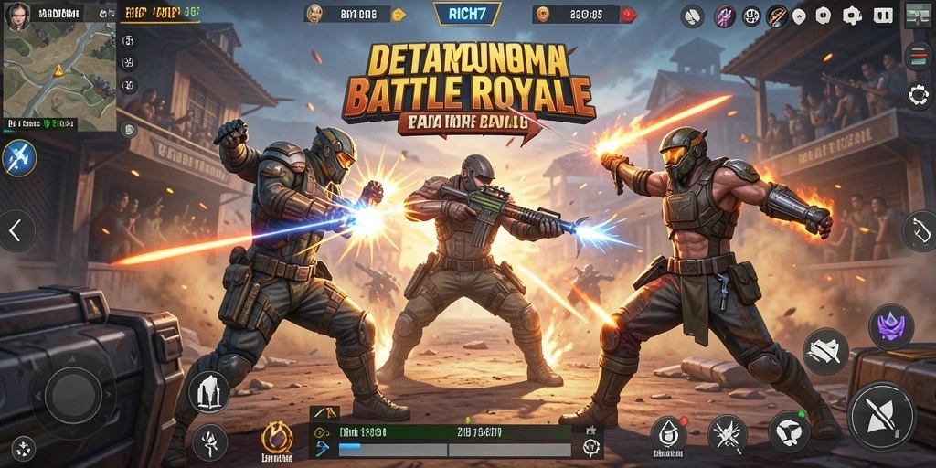 Tangkapan layar RICH7 menunjukkan aksi mendebarkan Battle Royale yang epik.